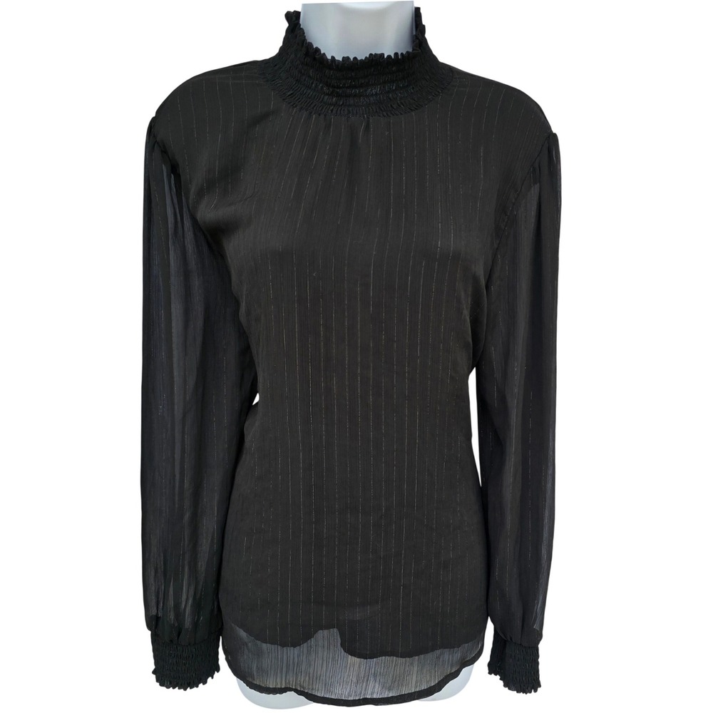 XL NY COLLECTION long sleeve poly blouse high ruffle neck black silver threading